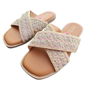 Nicole Miller New York Krosen Pink Gold Rhinestone Woven Slide Sandals Womens 6